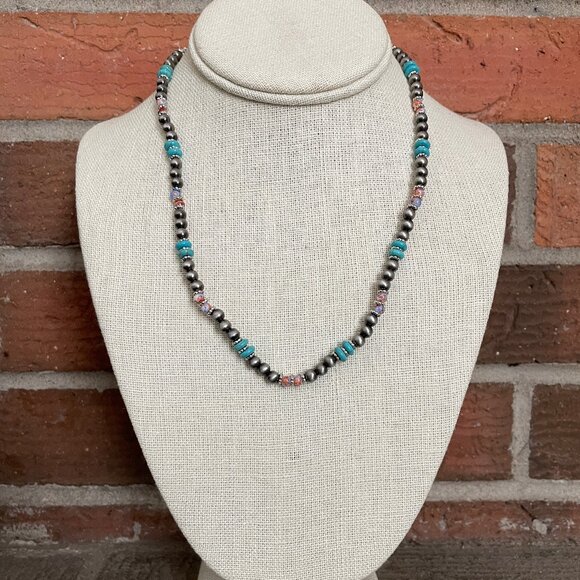 Navajo Style Pearl Necklace with Turquoise, Orange, & Purple - Picture 3 of 3